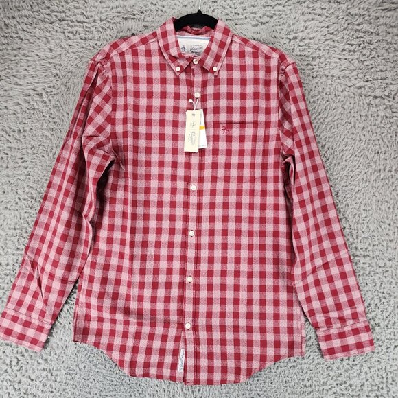 Penguin Shirt Mens Small Biking Red Gingham Long Sleeve Button Up *NWT* - Picture 1 of 14